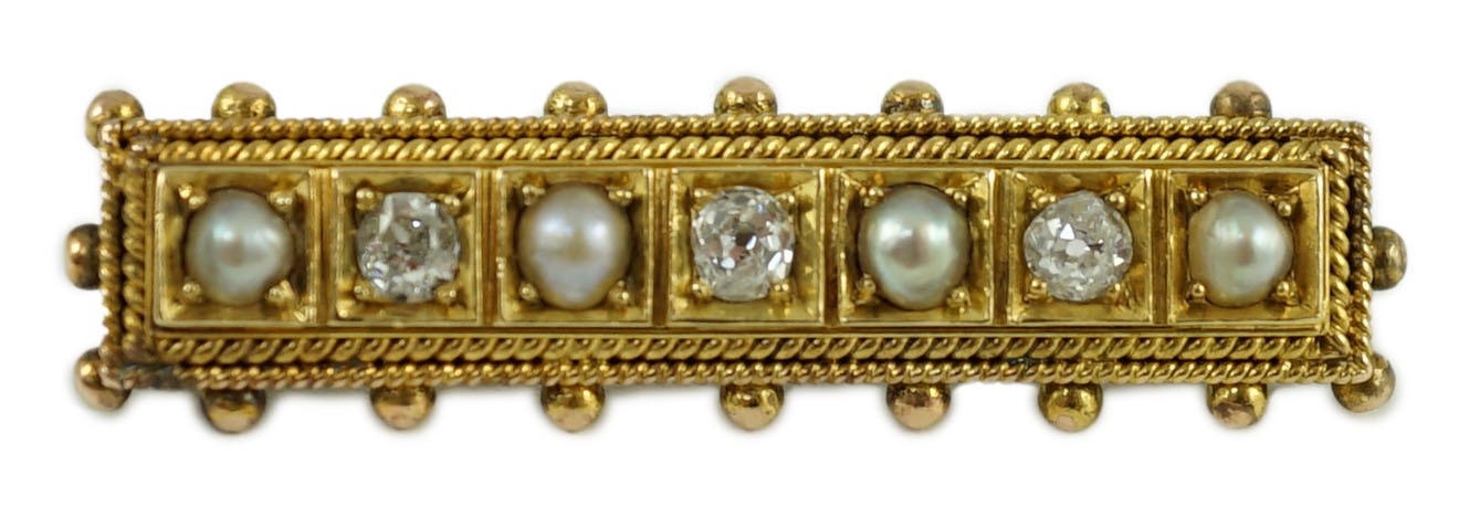 An early 20th century gold, three stone diamond and four stone split pearl set bar brooch
